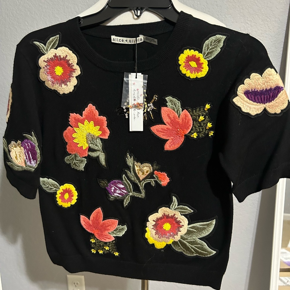 Alice and Olivia Ciara Embroidered Black/Multi Flower Patch Sweater